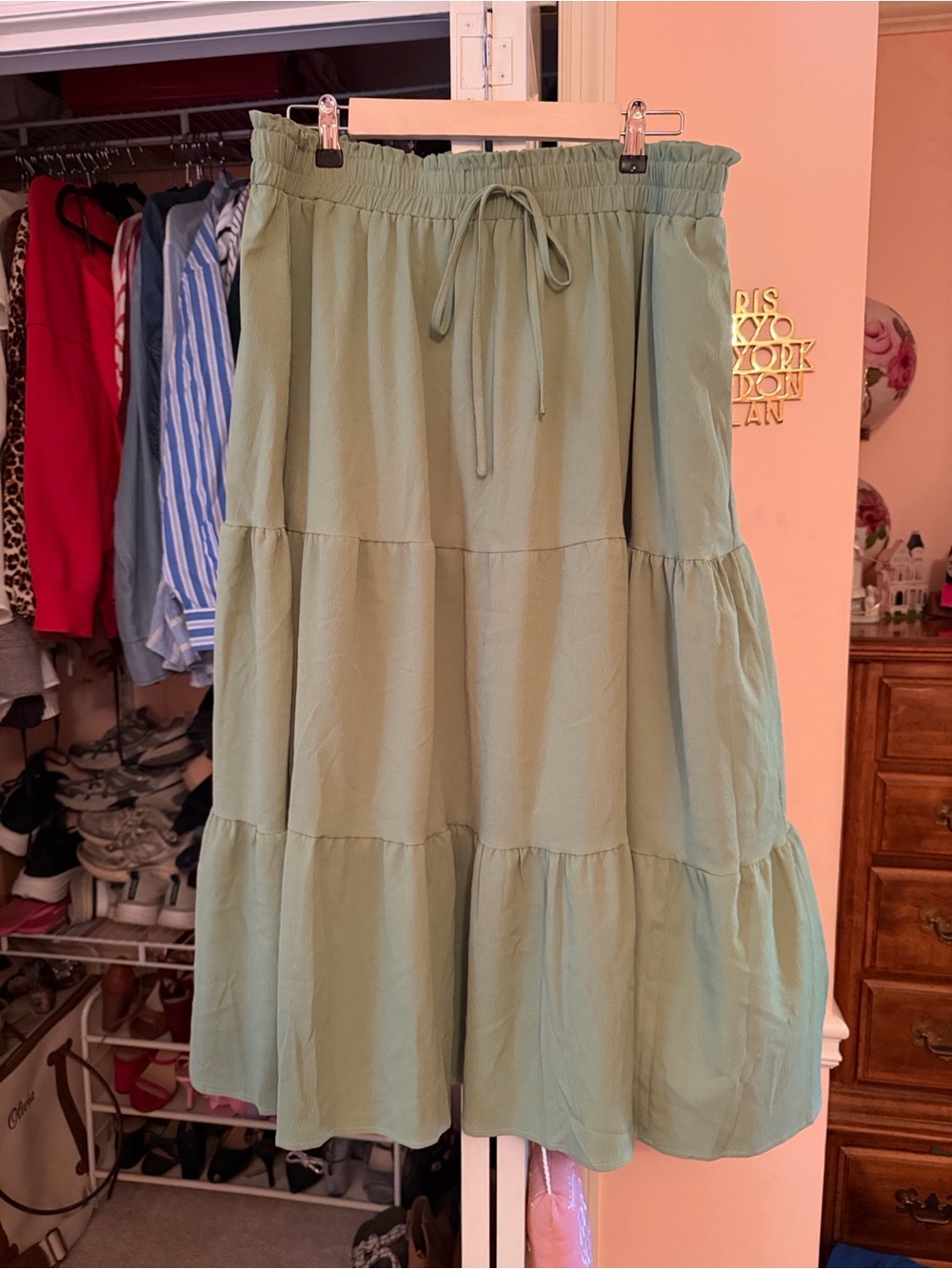 BloomChic Light Sage Tiered Midi Skirt